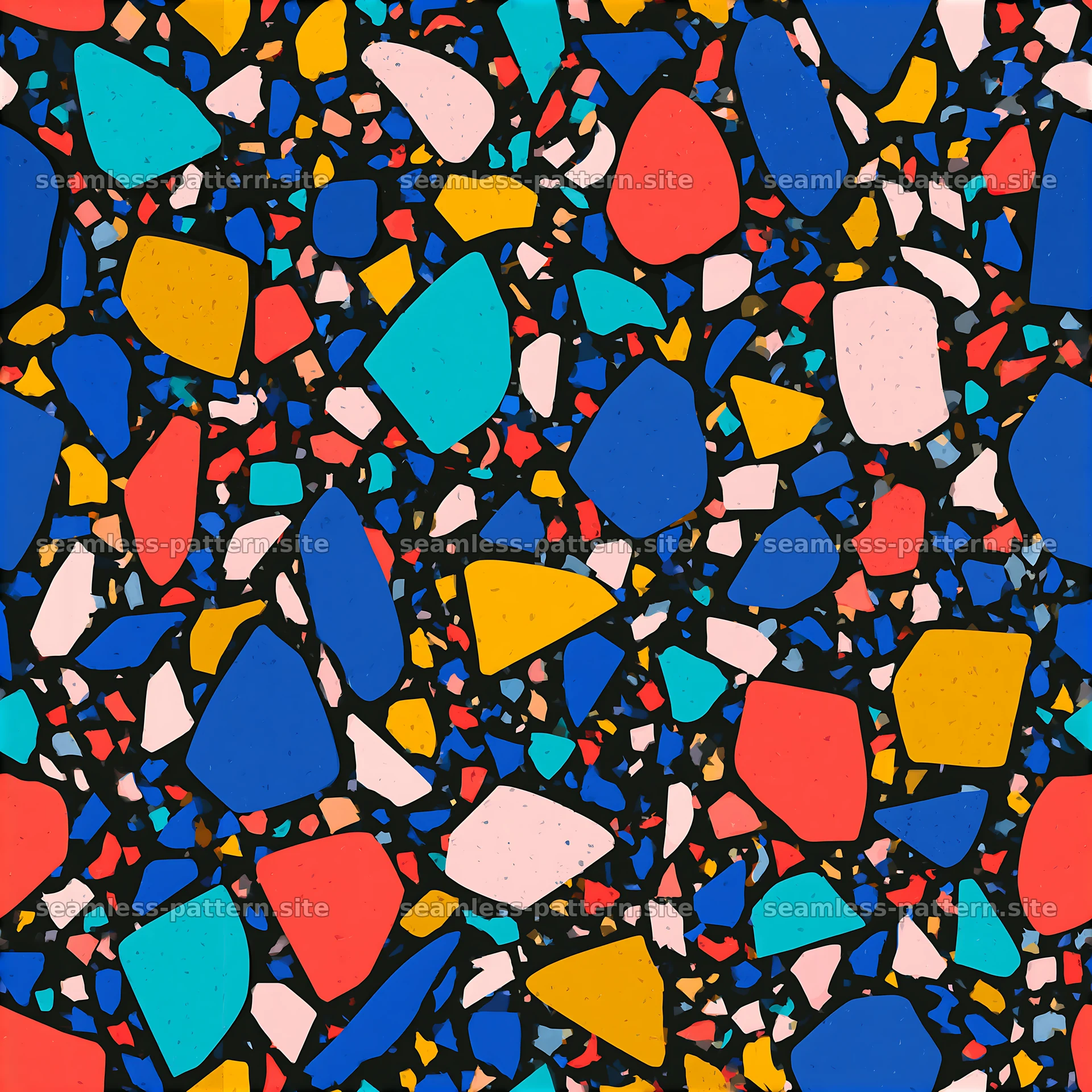 Colorful terrazzo pieces in random shapes on a dark background seamless pattern preview