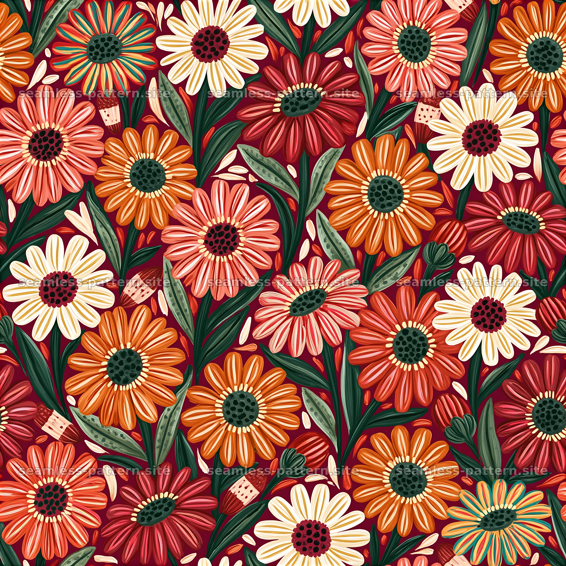 Vibrant flowers in a seamless pattern with leaves on a dark background seamless pattern preview