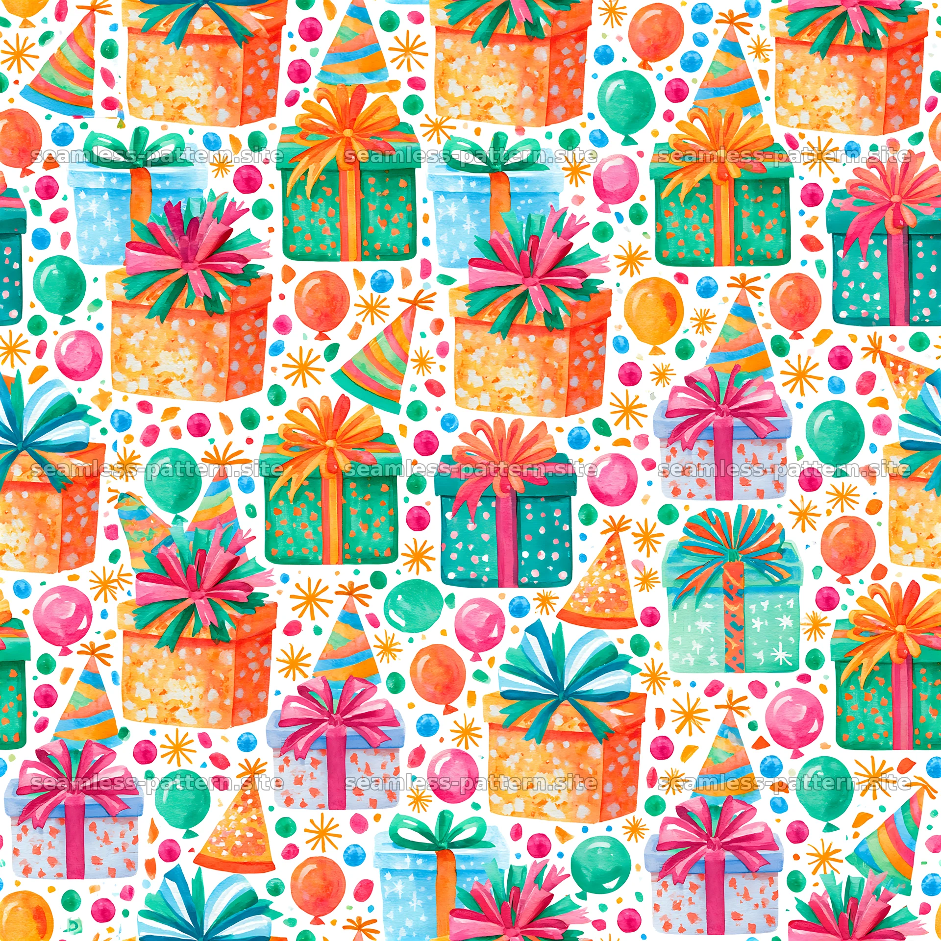 Birthday watercolor seamless pattern with gifts and festive elements seamless pattern preview