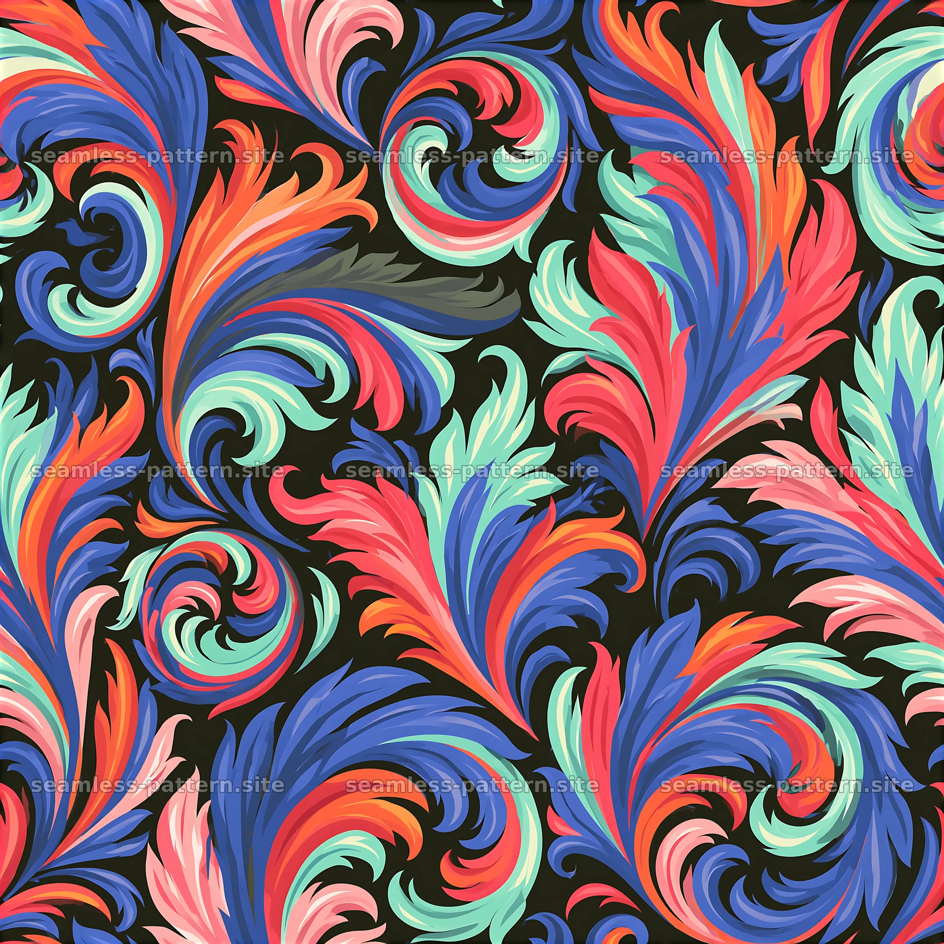 Colorful damask seamless pattern in swirling shapes and flowing lines seamless pattern preview