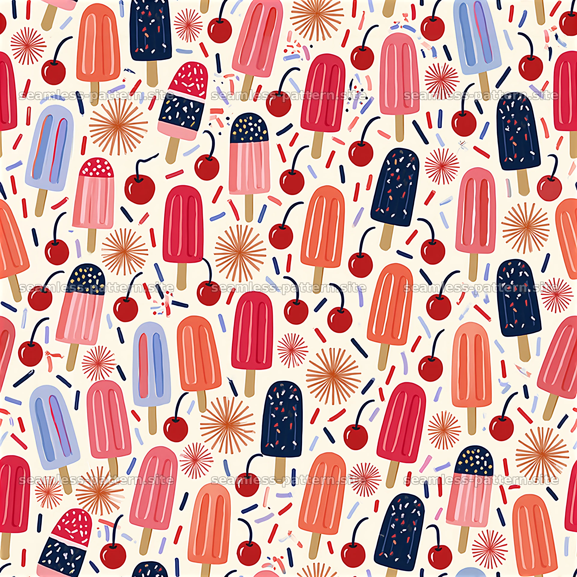 Colorful Ice Cream Popsicle and Cherry Seamless Pattern seamless pattern preview