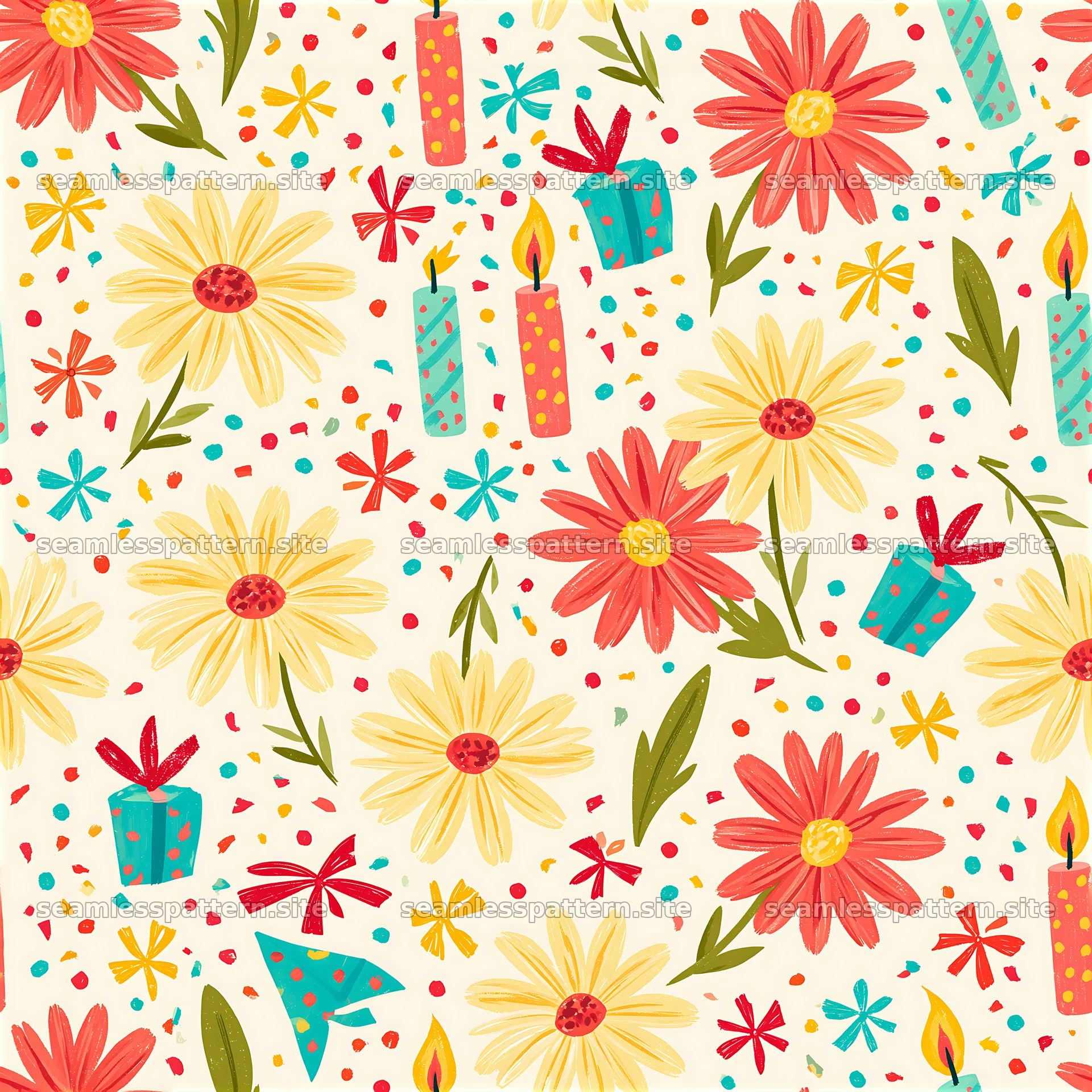 Birthday floral birthday seamless pattern with flowers, gifts, and candles seamless pattern preview