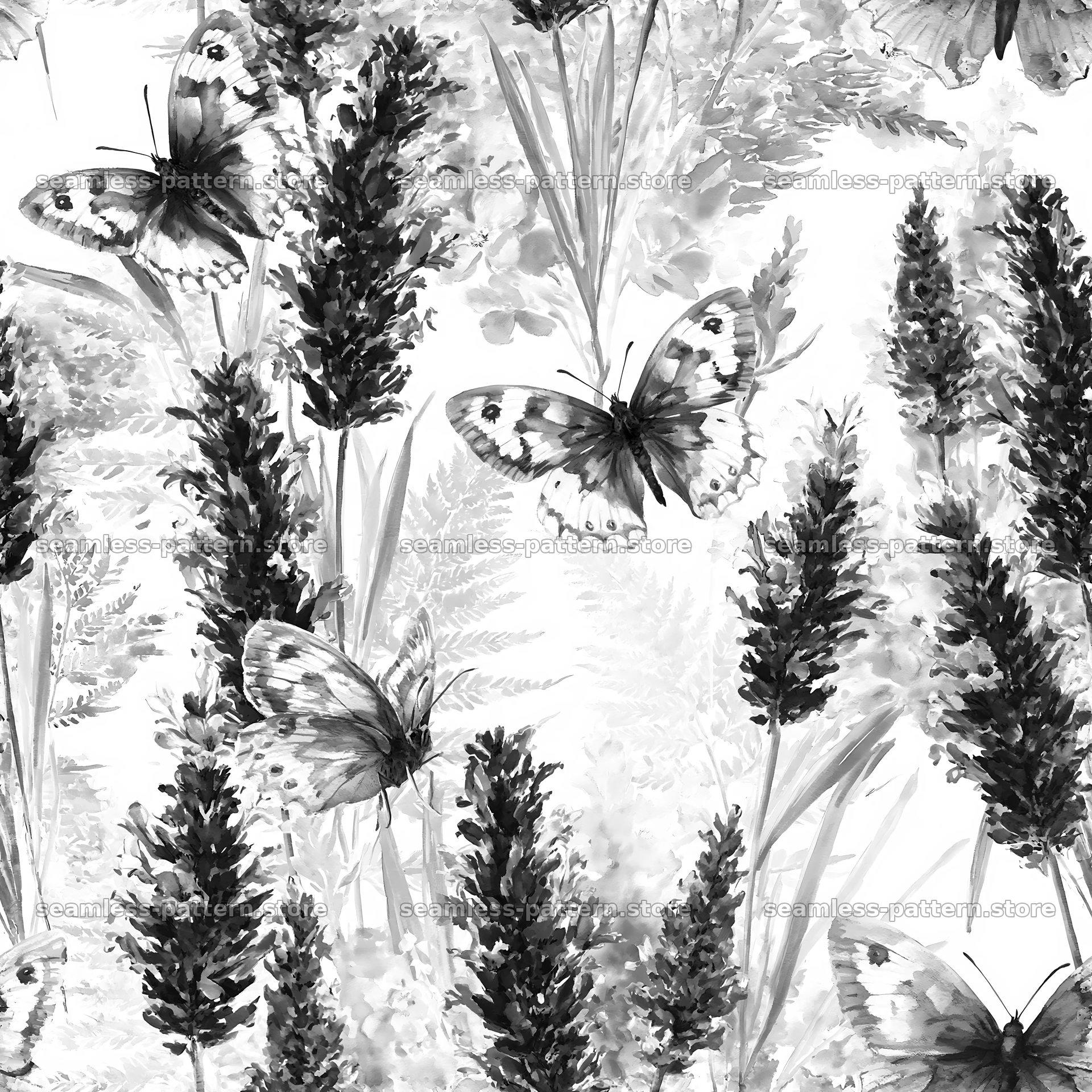Butterfly and lavender seamless pattern in black and white seamless pattern preview