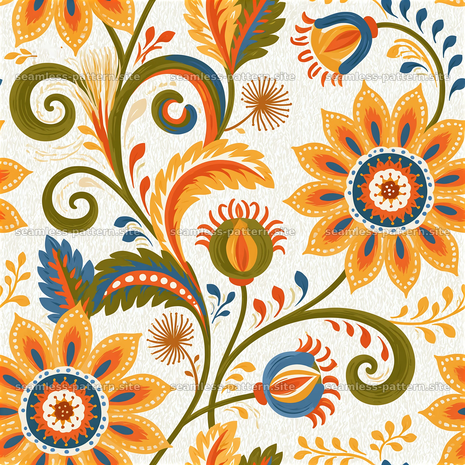 Colorful folk art seamless pattern with floral motifs and vibrant seamless pattern preview