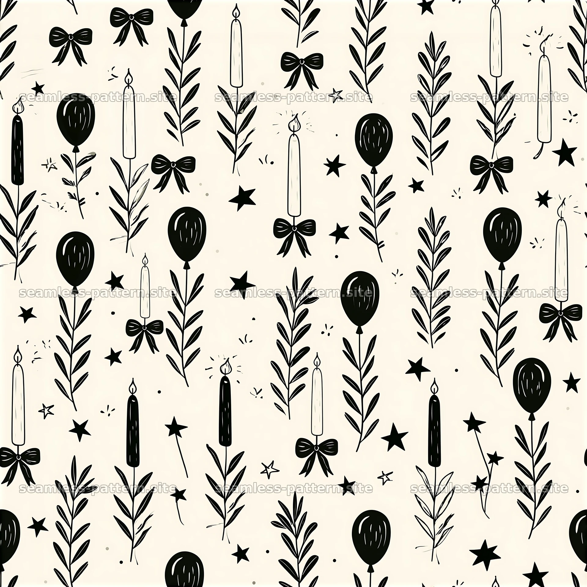 Birthday black and white seamless pattern with balloons and candles seamless pattern preview