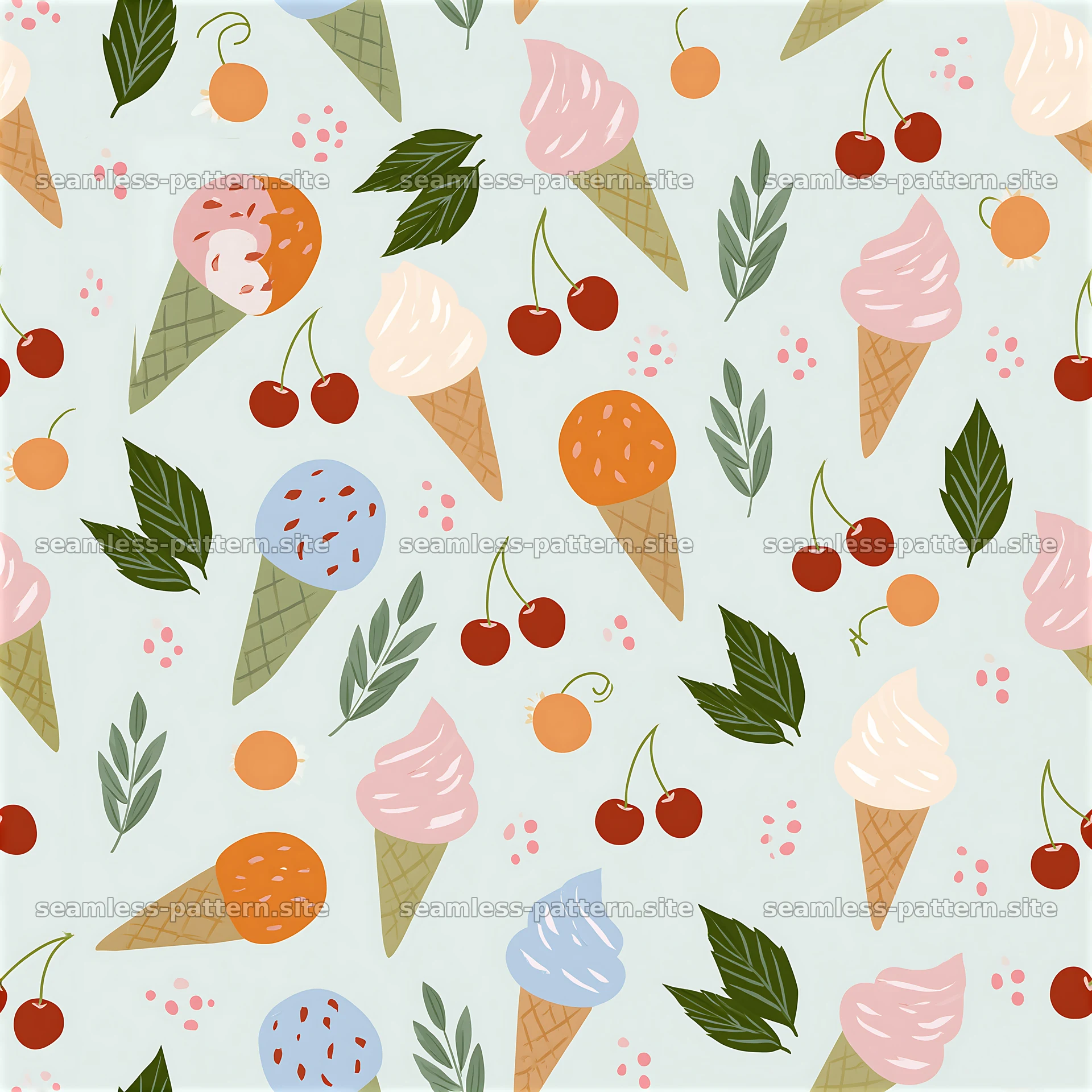Colorful ice cream cones and toppings in a seamless pattern seamless pattern preview