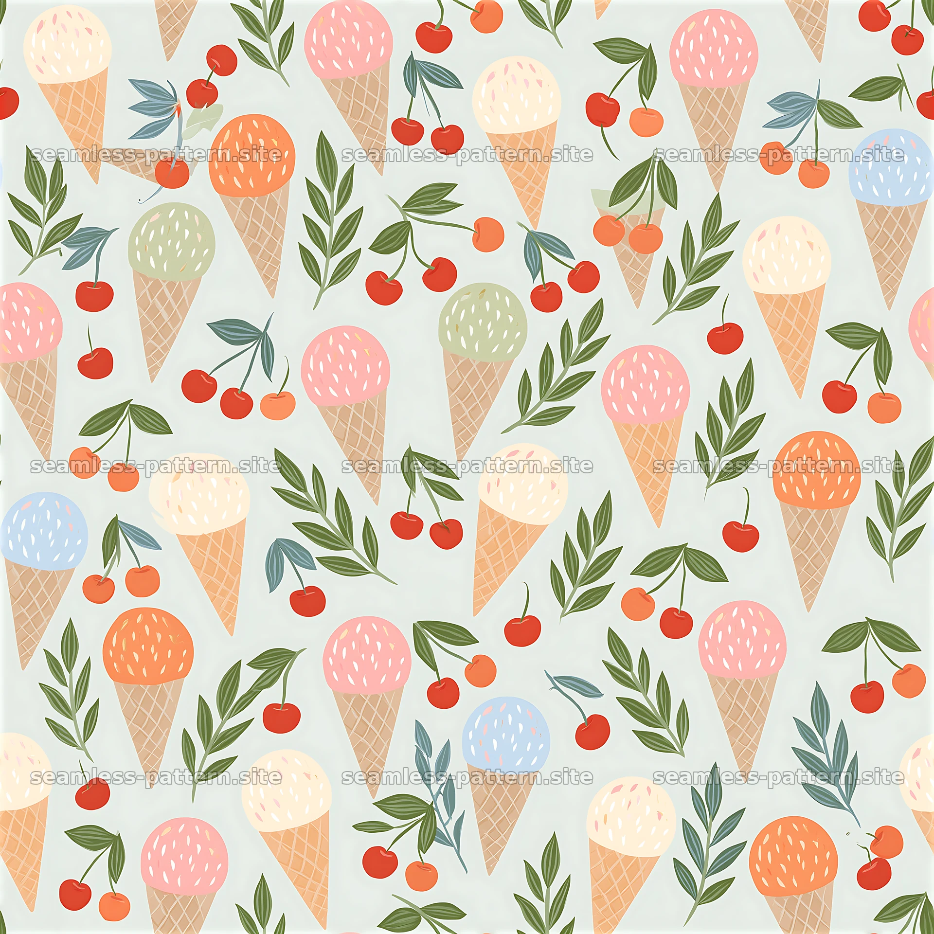 Colorful ice cream cones with cherries in a seamless pattern seamless pattern preview