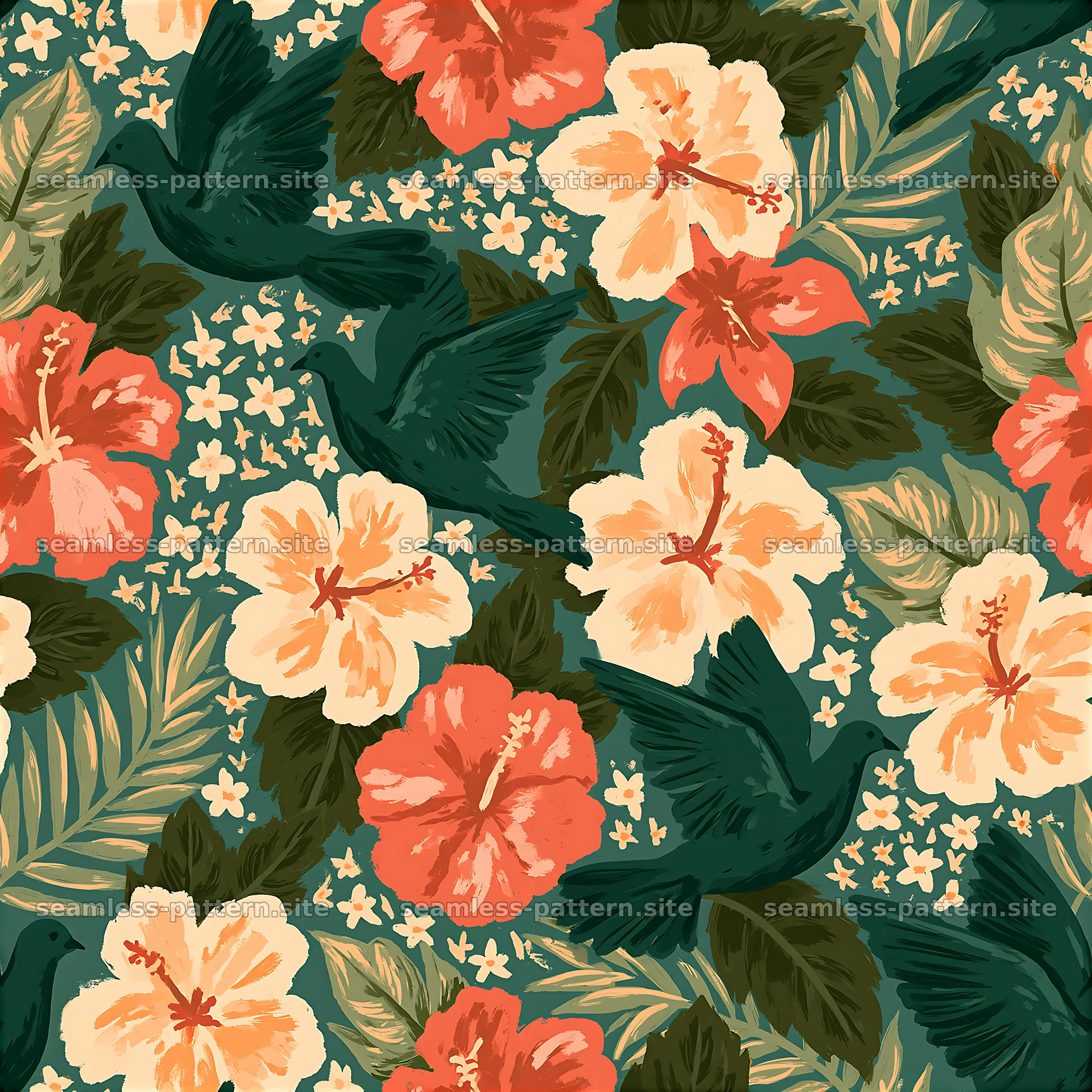 Dove silhouettes and tropical hibiscus floral seamless pattern seamless pattern preview