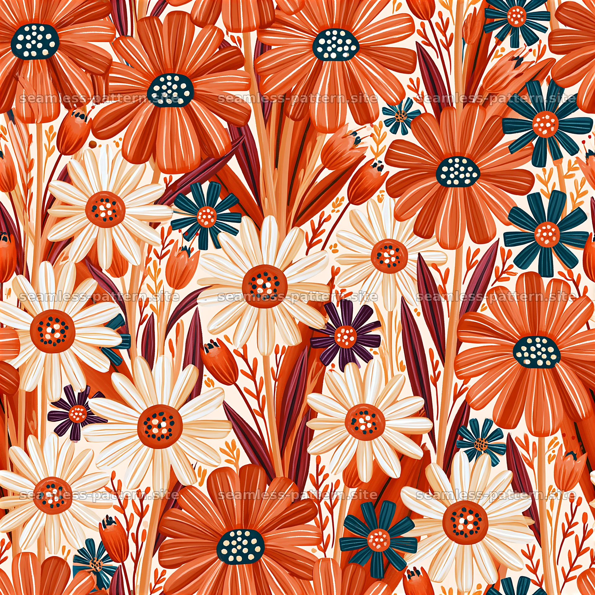 Colorful daisy seamless pattern with bold flowers in red and cream seamless pattern preview