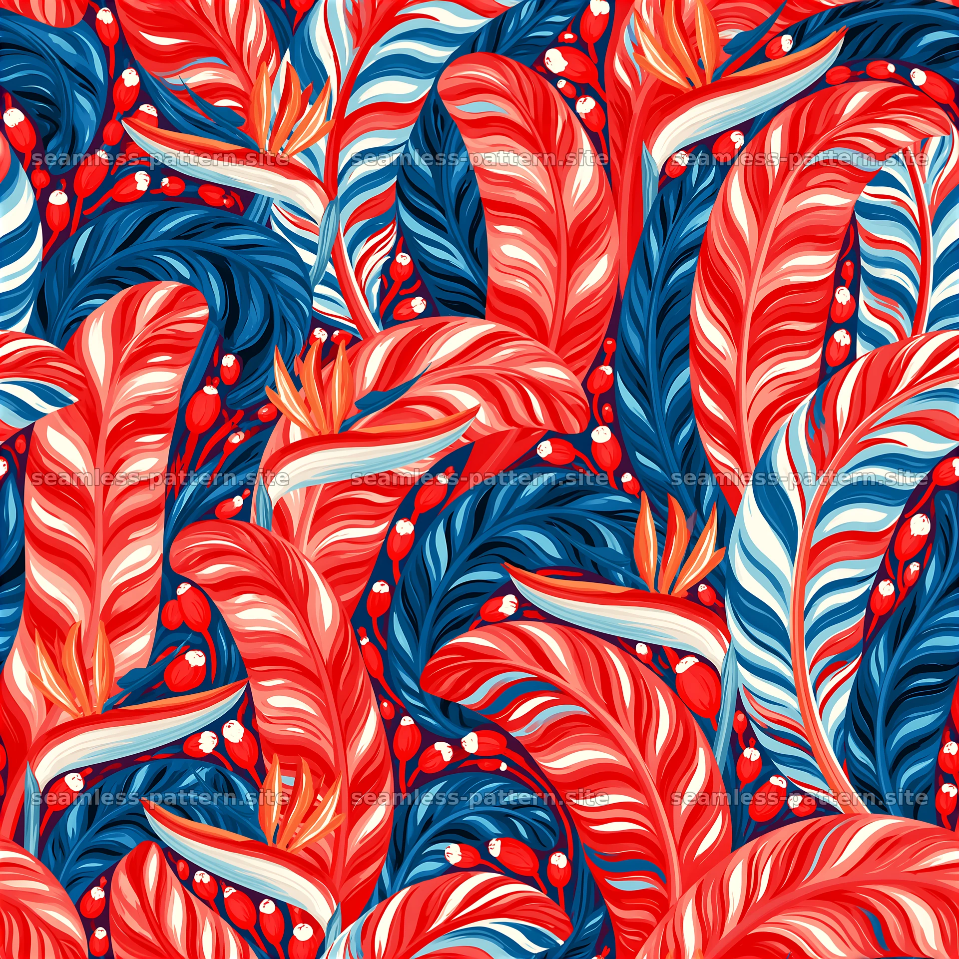 Colorful leaf seamless pattern with bold red and blue hues seamless pattern preview