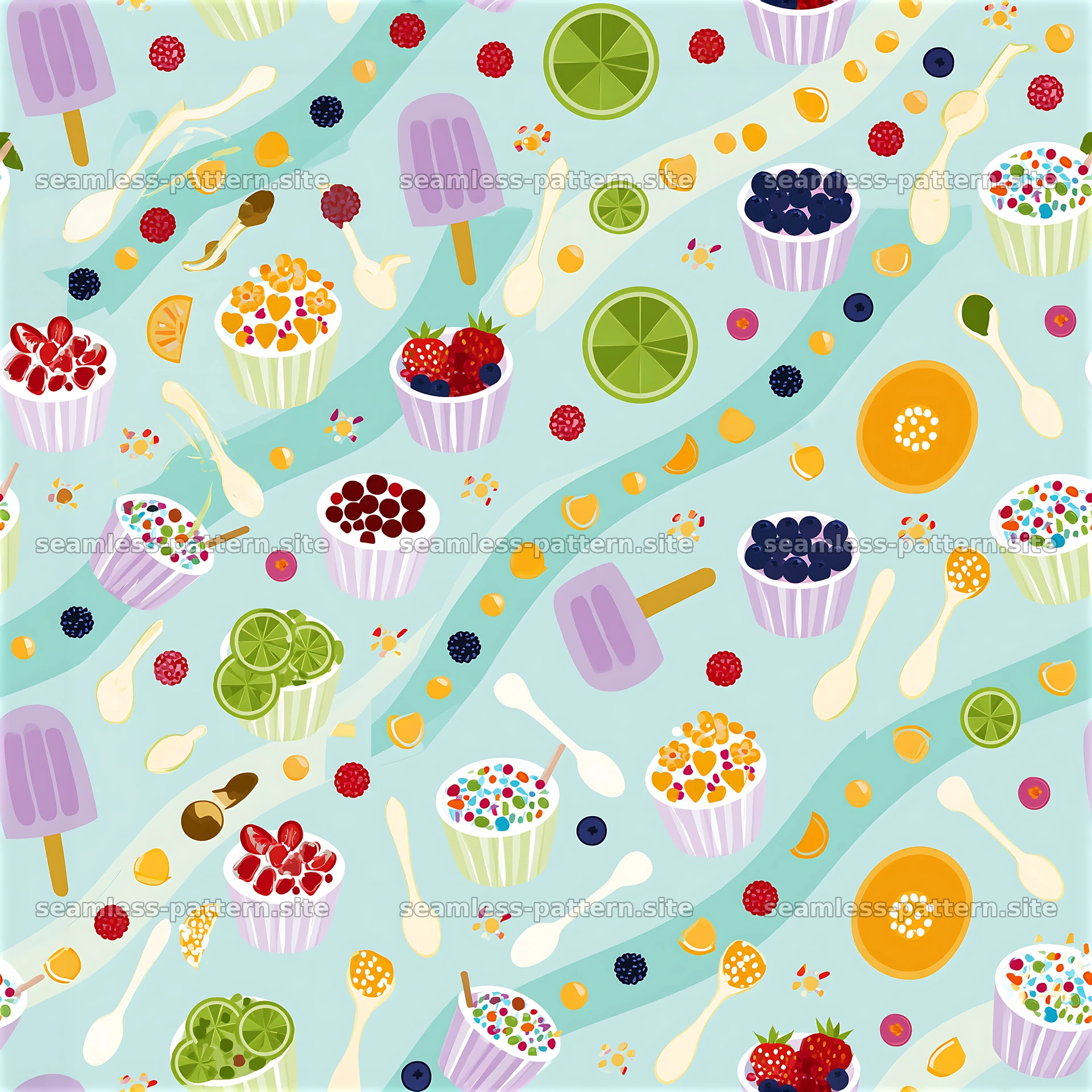 Colorful ice cream pattern with fruits and toppings on blue background seamless pattern preview