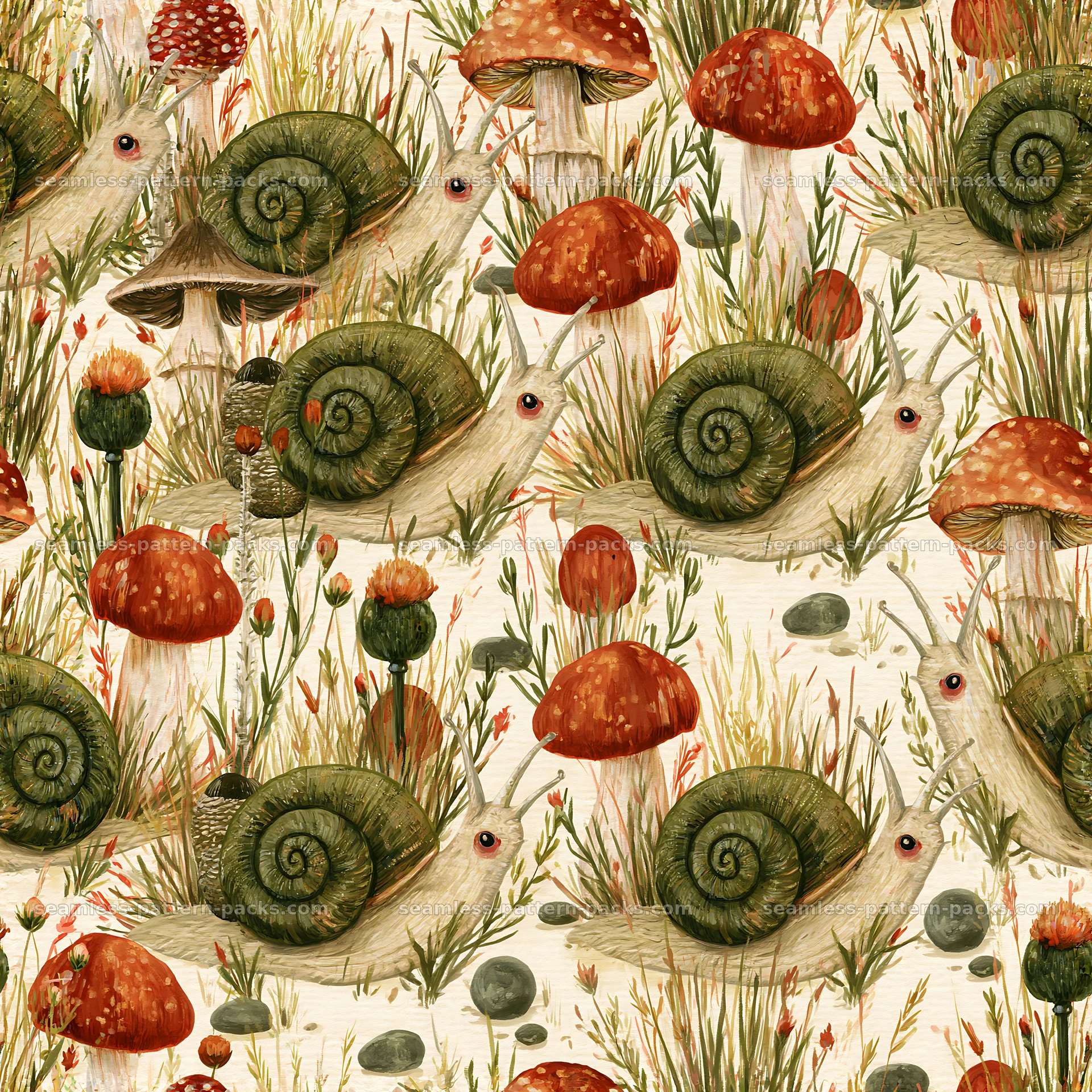 Cute snails and mushrooms seamless pattern for fabric and wallpaper seamless pattern preview