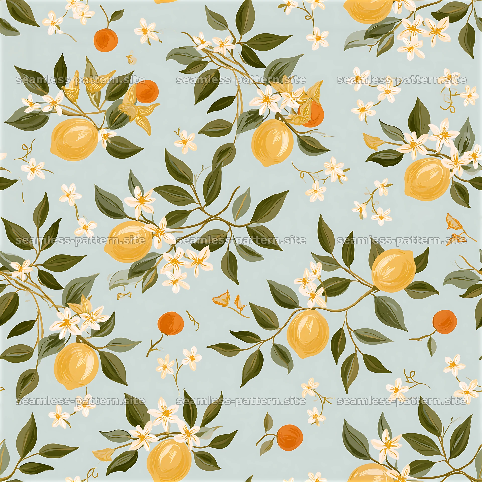 Colorful citrus seamless pattern with fruits and flowers on light seamless pattern preview