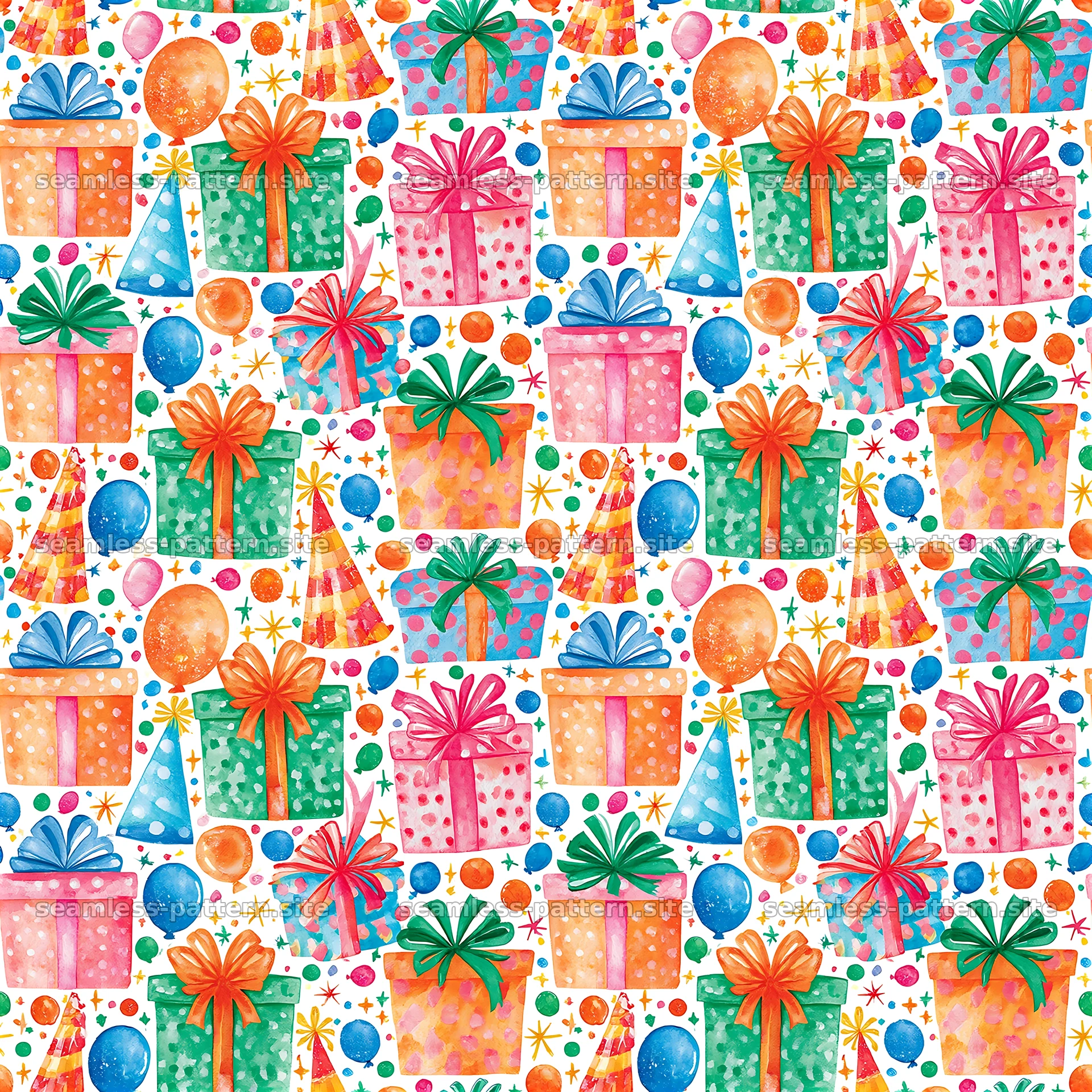 Birthday watercolor seamless pattern with gifts and balloons seamless pattern preview
