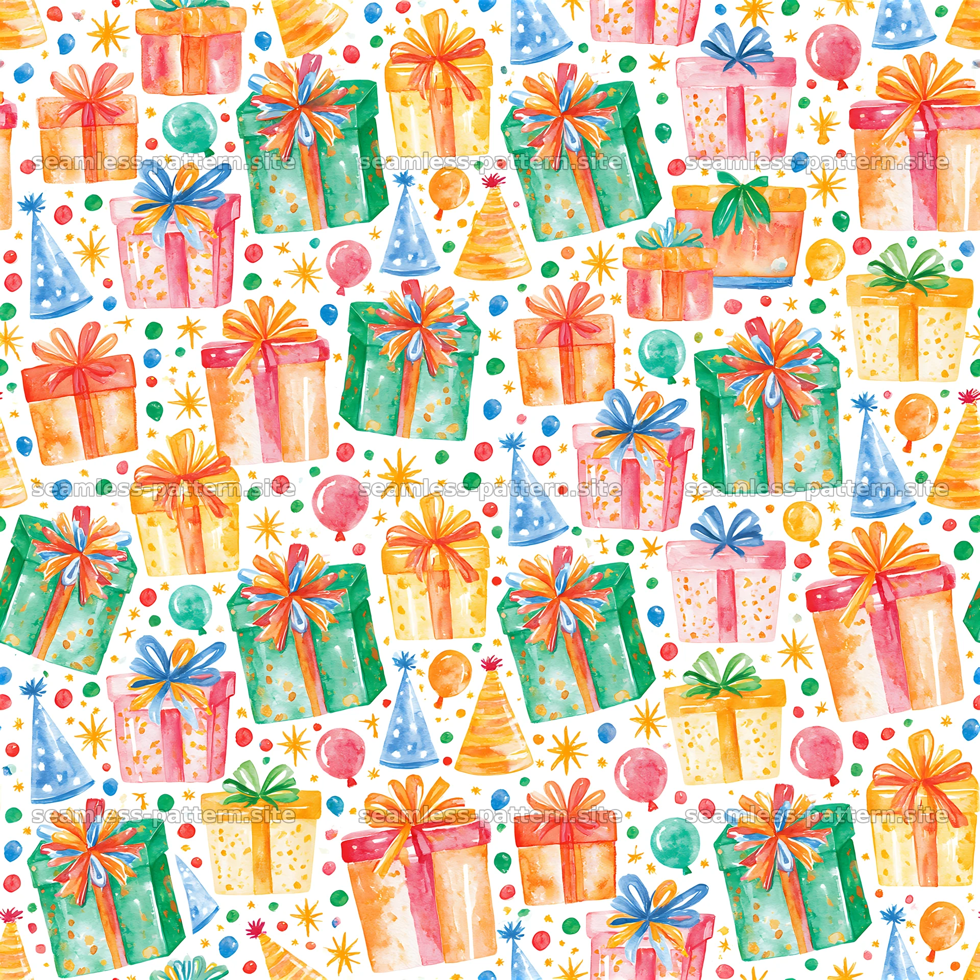 Birthday watercolor seamless pattern of gifts and party elements seamless pattern preview