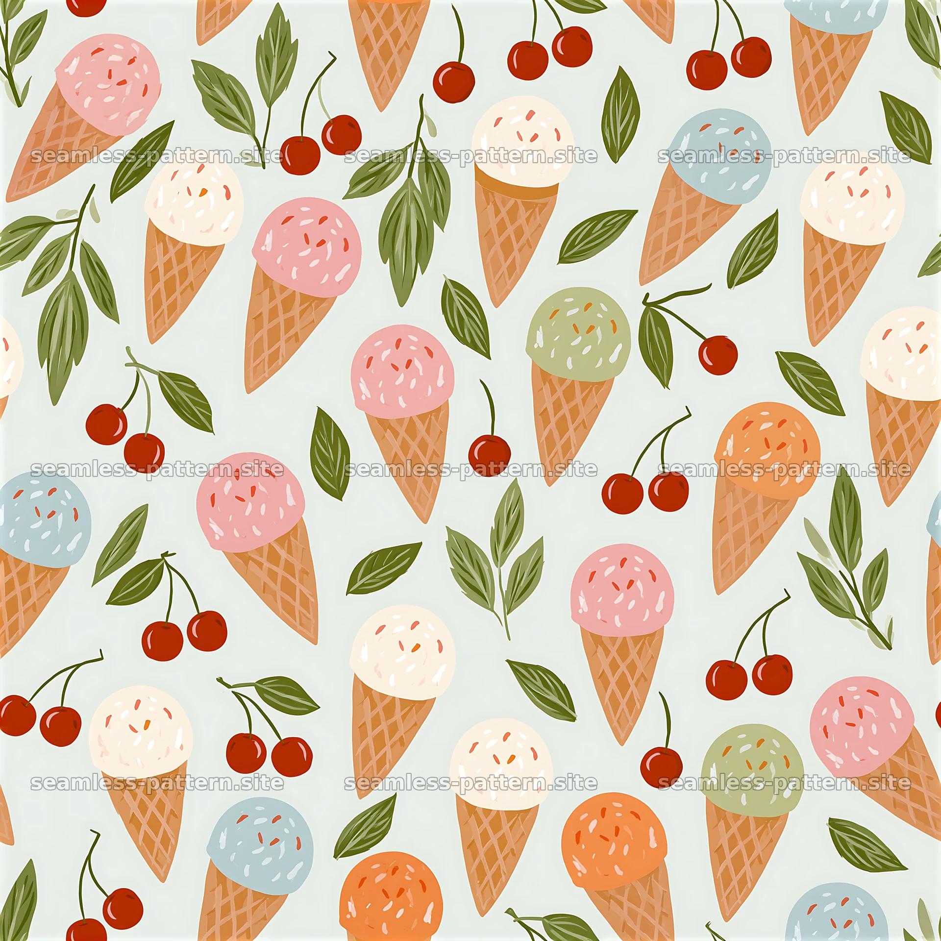 Colorful Ice Cream Cone and Cherry Seamless Pattern seamless pattern preview