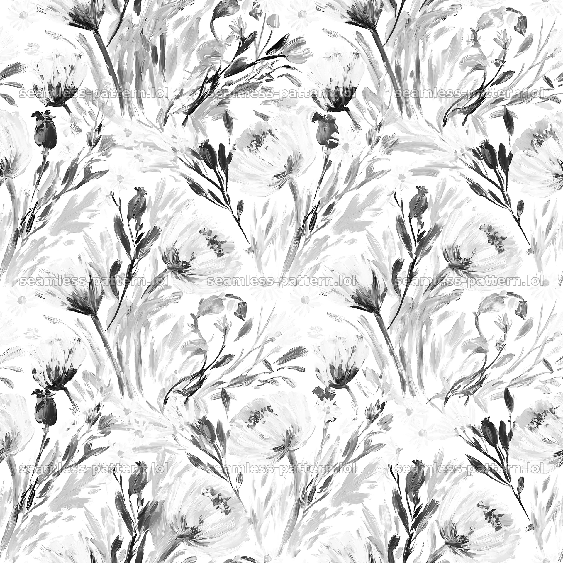 Repeat wildflower brushstroke pattern in black and white seamless pattern preview