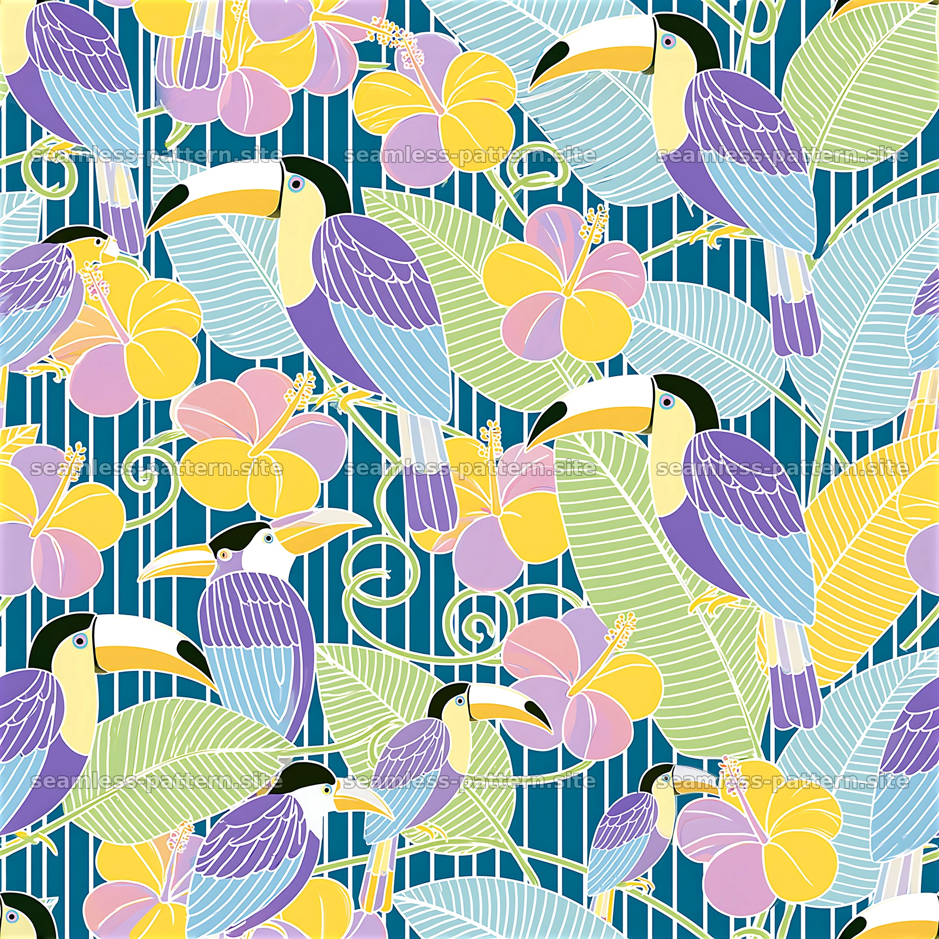 Colorful tropical birds and flowers in a seamless pattern seamless pattern preview