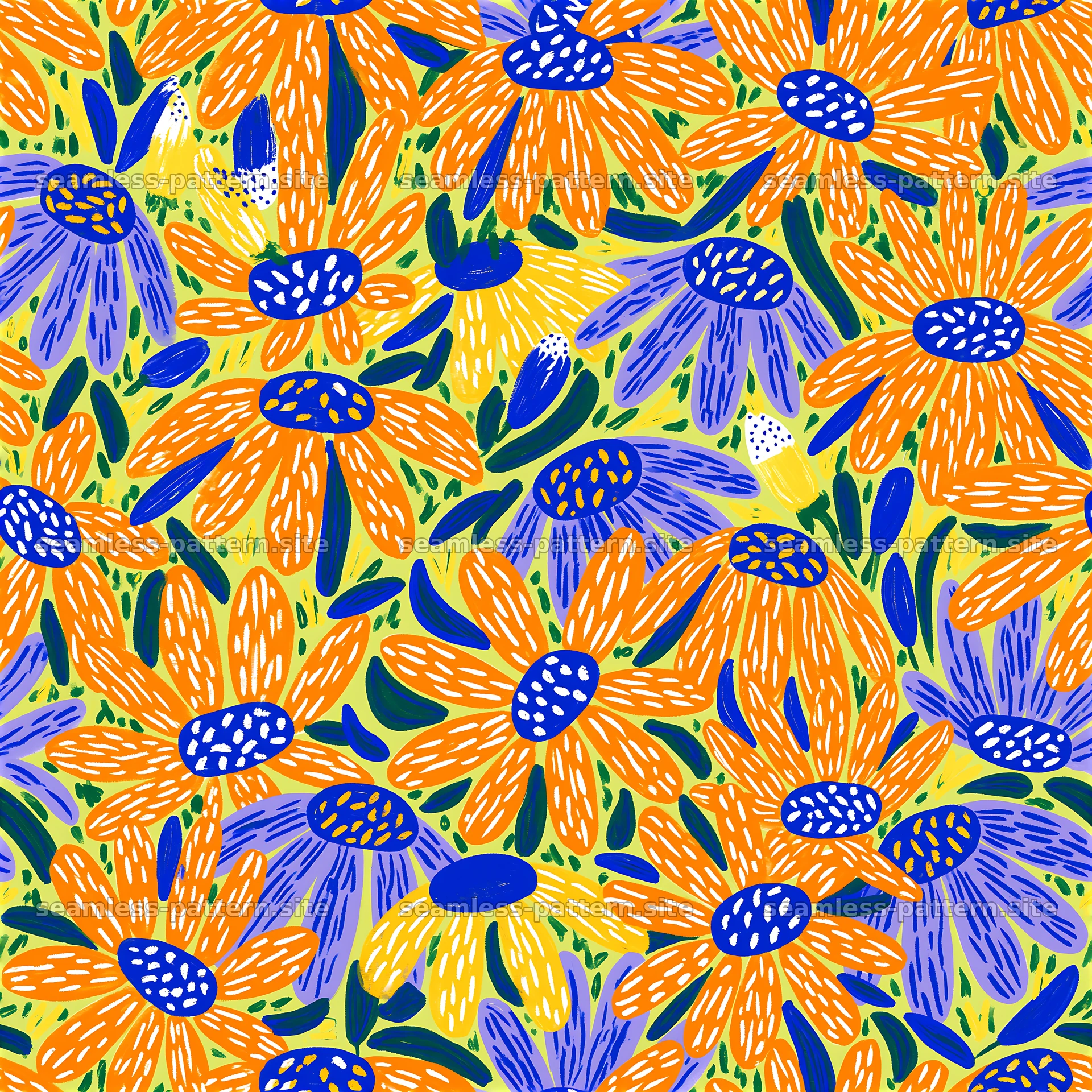 Colorful daisy seamless pattern with blue and orange flowers on yellow seamless pattern preview