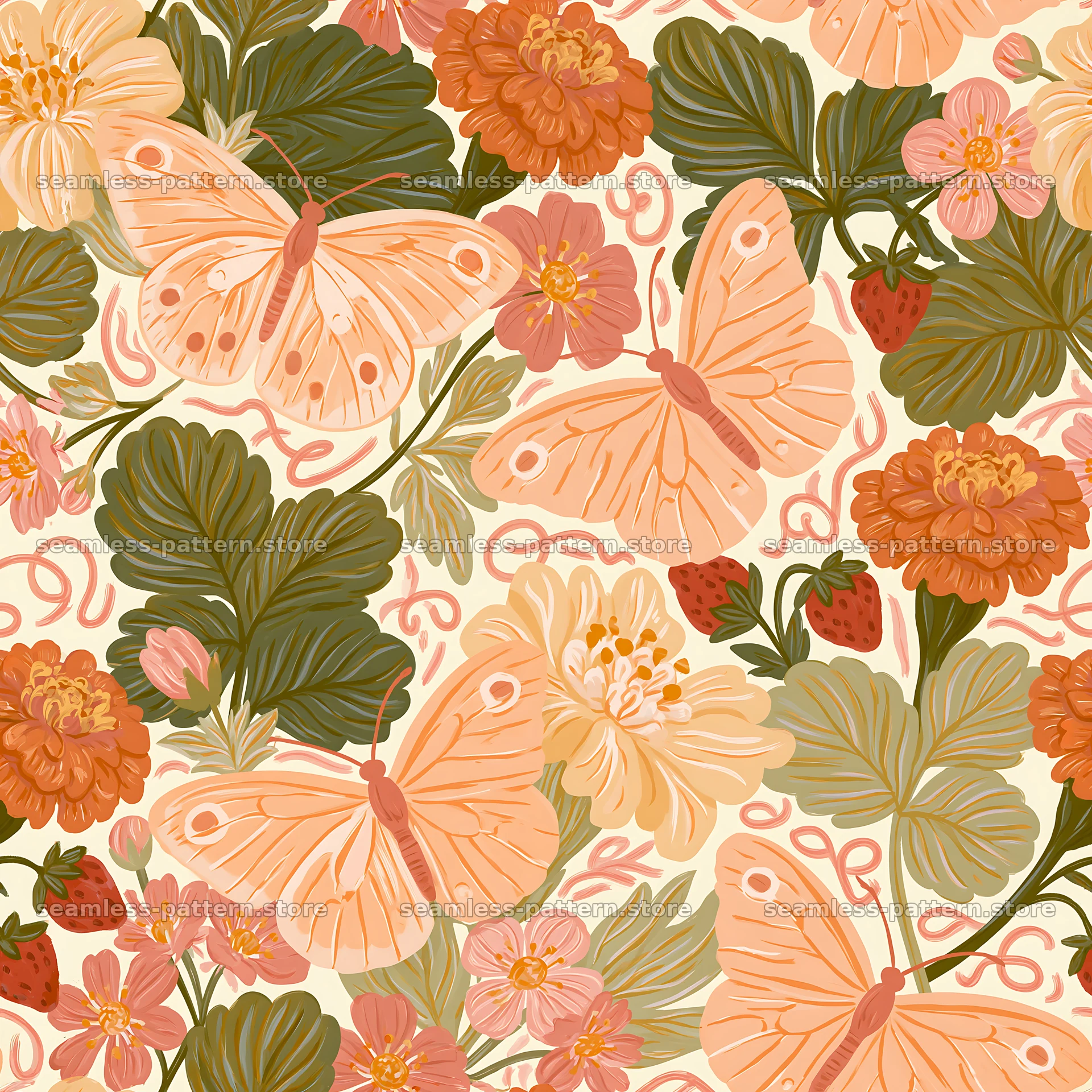 Fairy garden butterfly seamless pattern with flowers and leaves seamless pattern preview