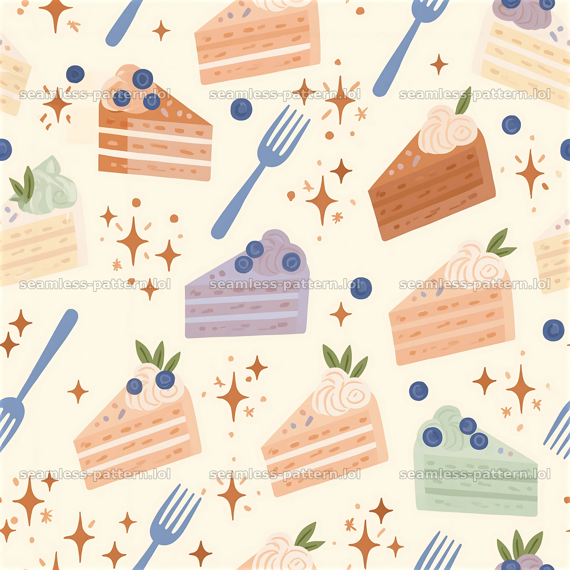 Birthday pastel seamless pattern with cake slices and forks seamless pattern preview