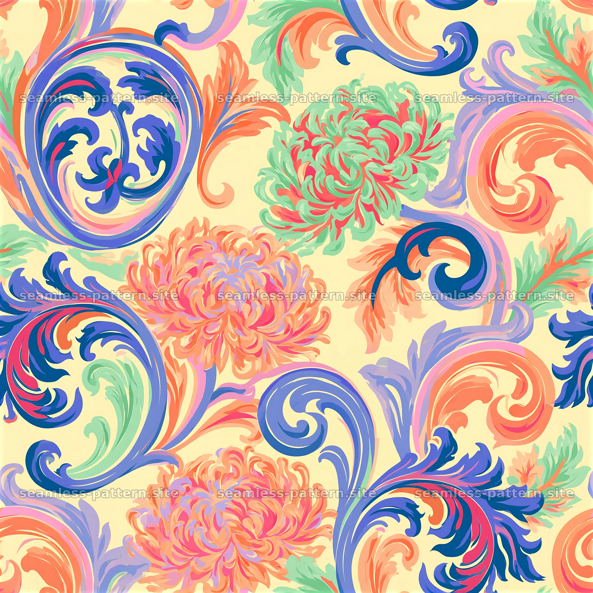 Colorful damask seamless pattern with floral and swirled motifs seamless pattern preview