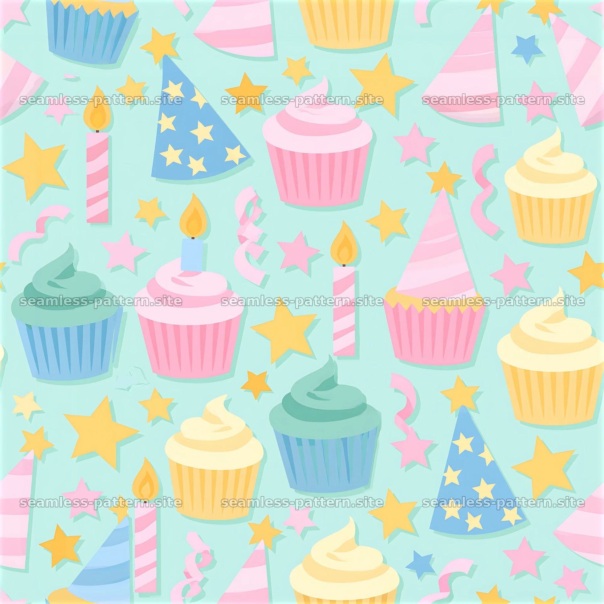 Pastel Birthday Cupcakes and Party Hats Seamless Pattern seamless pattern preview