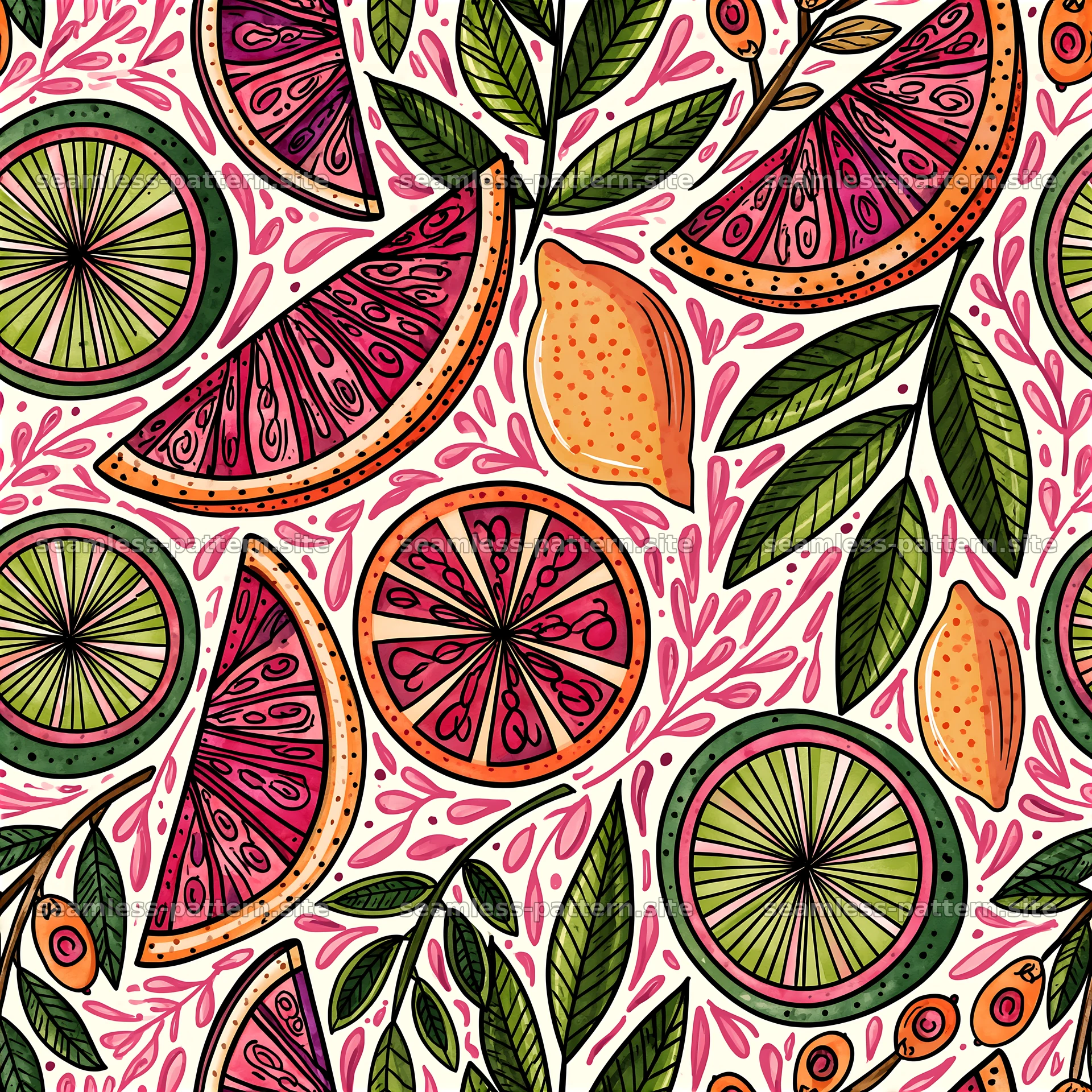 Colorful citrus fruit and leaves seamless pattern seamless pattern preview