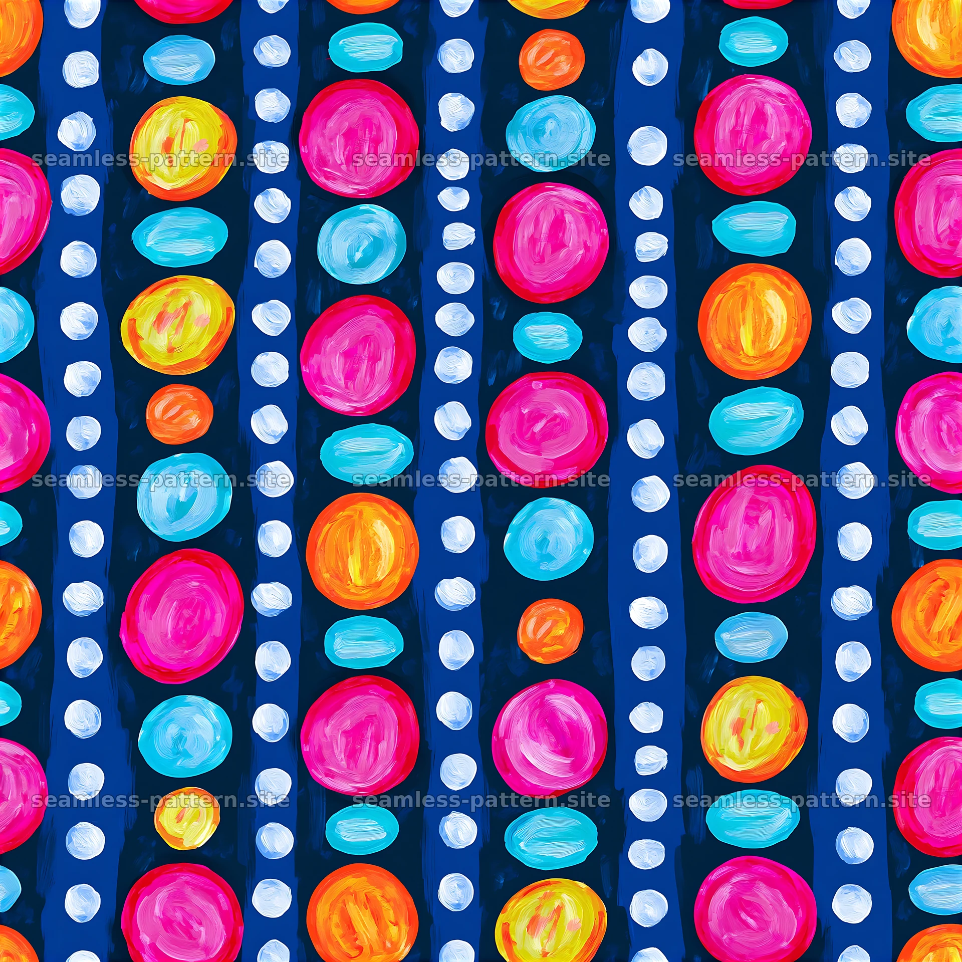 Colorful dots on a navy background create a playful design seamless pattern preview